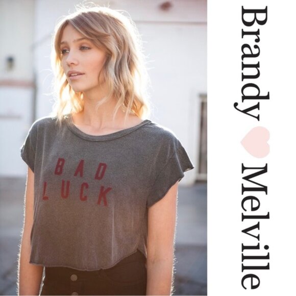 Brandy Melville | Gray and Red Velvet Acid Wash "Bad luck" Crop Top | One Size - Picture 1 of 8